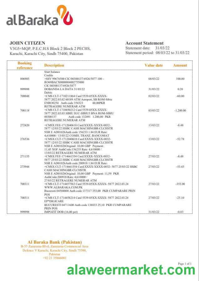 Pakistan Al Baraka bank statement